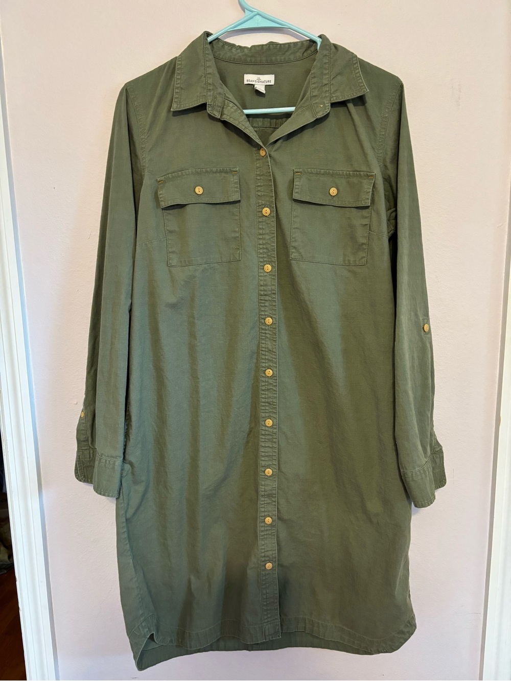 L.L. Bean Signature Army Green 100% Cotton Button-Front Shirt Dress - EUC